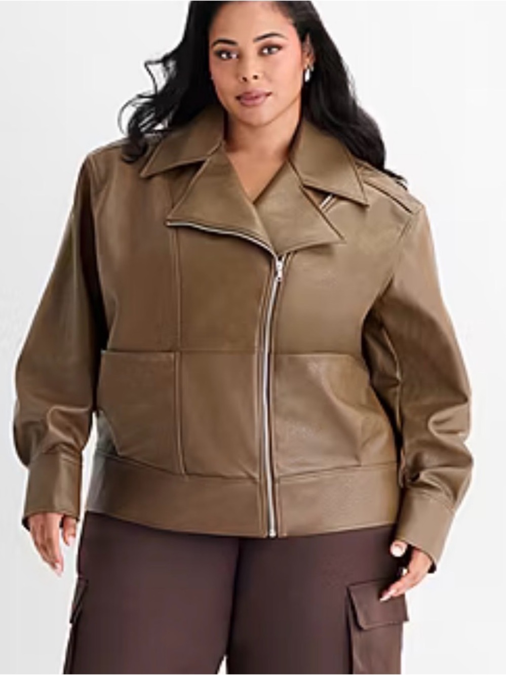 NWT Ashley Graham Faux Leather Moto Jacket Brown Size 1x - Picture 6 of 7